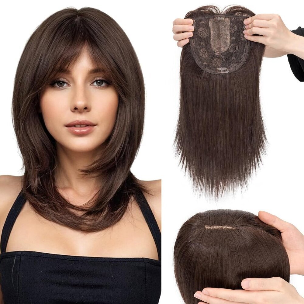 Hair Topper Synthetic with Bangs 14 Inch Dark Brown for Volume & Style